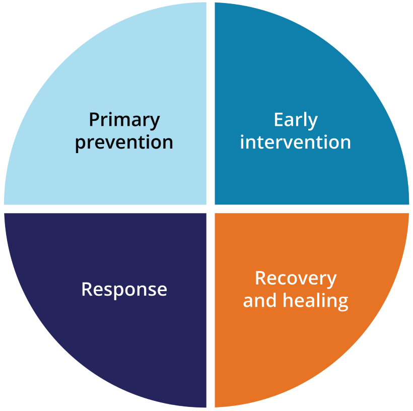 A pie chart is divided into four quadrants. The quadrants are labelled primary prevention, early intervention, response, recovery and healing.