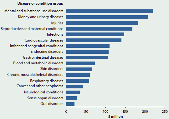 Bar chart showing disease or condition group expenditure for Indigenous Australians in 2012-13. Most expenditure (around $225 million) was allocated to mental and substance-use disorders. Other high-expenditure diseases or conditions are kidney and urinary diseases, injuries, and reproductive and maternal conditions.