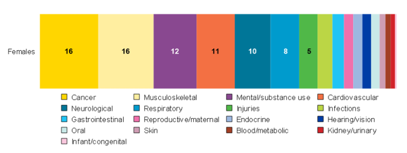 This chart represents the disease groups that contribute to ill health and death in females. The leading disease groups are cancer, musculoskeletal and mental/substance use.