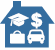 house containing symbols for education, income, work, and transport.