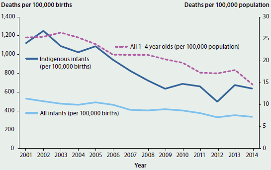 Line chart showing the trending decrease in the number of deaths per 100000 births and per 100000 population of Indigenous infants, all infants, and all 1-4 year olds from 2001-2014.