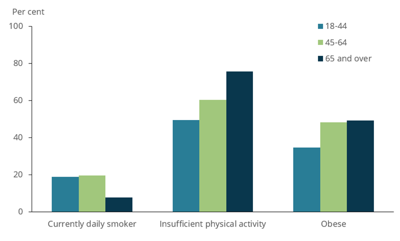 The bar chart shows risk factors among adults with asthma in 2017–18, by age group. Adults aged 18–64 and 45 to 64 with asthma were more likely to be a current daily smoker (19%25 and 20%25, respectively) compared with people with asthma aged 65 and over (7.6%25). Adults aged 65 and over with asthma were more likely to be insufficiently physically active (76%25) compared with adults with asthma aged 45 to 64 (60%25) and 18 to 44 (50%25), with adults with asthma aged 45 to 64 more likely to be insufficiently physical active compared with adults with asthma aged 18 to 44. People with asthma aged 18 to 44 were less likely to be obese (35%25) compared with people with asthma aged 45 to 64 (48%25) and 65 and over (49%25).