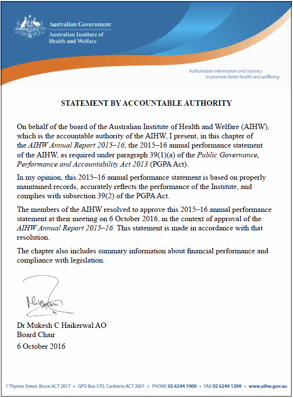 Statement by Accountable Authority.