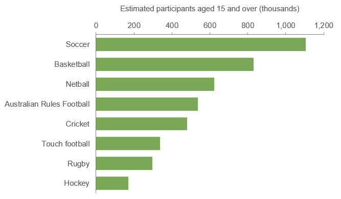 Bar graph of estimated participants in team sports, showing in order: soccer, basketball, netball, Australian rules football, cricket, touch football, rugby, hockey.