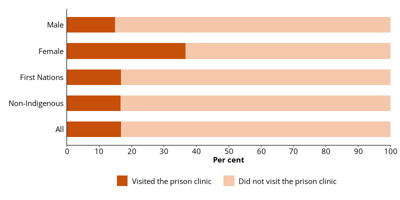 This horizontal bar chart shows all people in custody, and people by sex and Indigenous identity who visited the prison clinic during the 2-week data collection period.