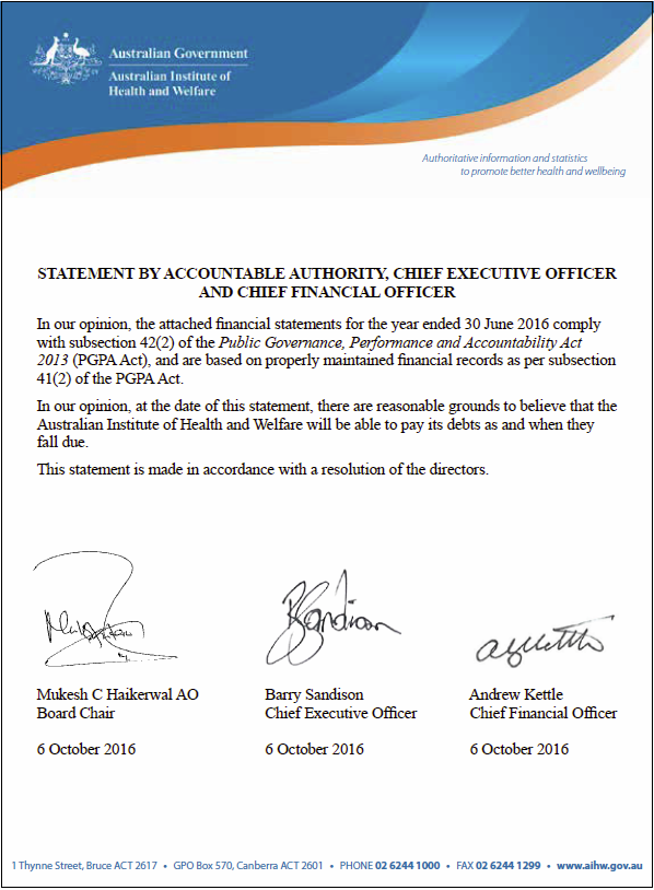 Statement by Accountable Authority, Chief Executive and Chief Financial Officer.